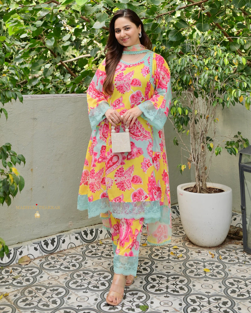 Yellow Blue Floral Premium Cotton A Line Suit