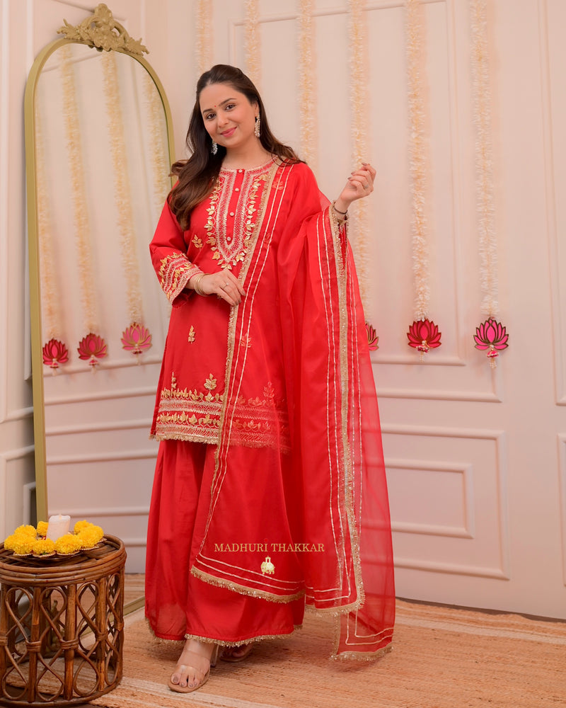 Red Gota Premium Chanderi Silk Festive Sharara Set