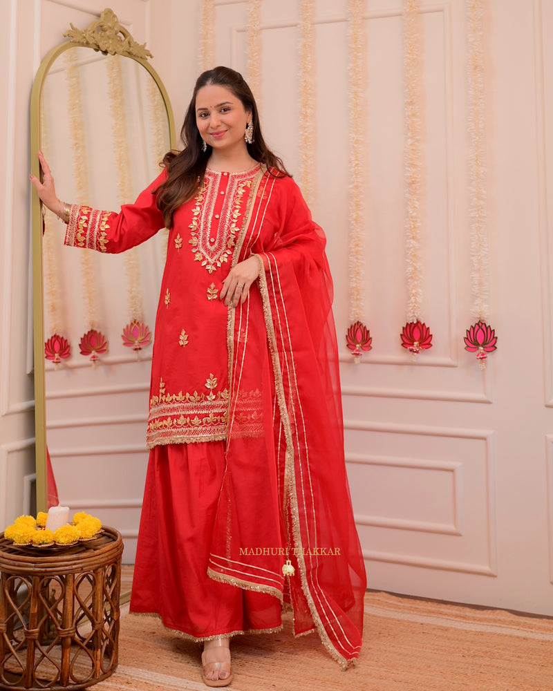 Red Gota Premium Chanderi Silk Festive Sharara Set