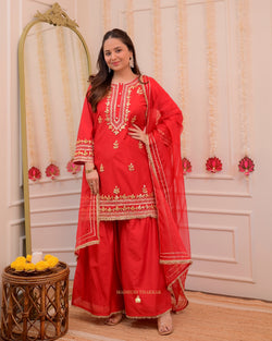 Red Gota Premium Chanderi Silk Festive Sharara Set