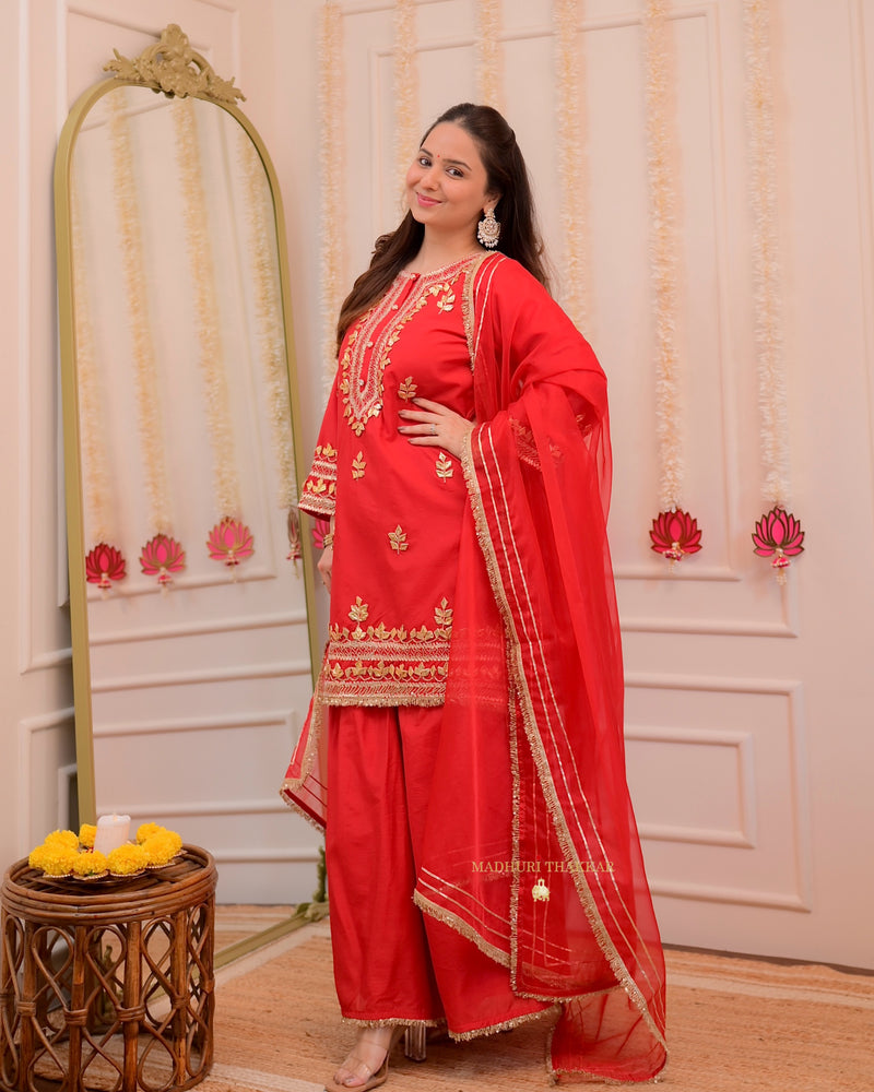 Red Gota Premium Chanderi Silk Festive Sharara Set