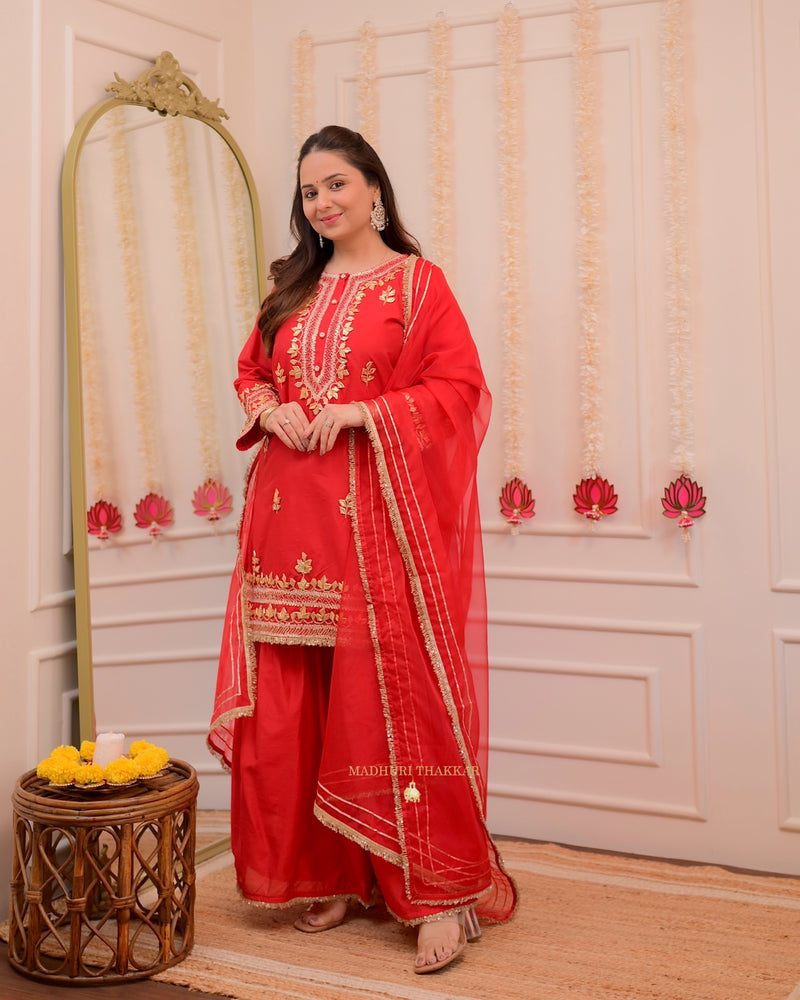 Red Gota Premium Chanderi Silk Festive Sharara Set