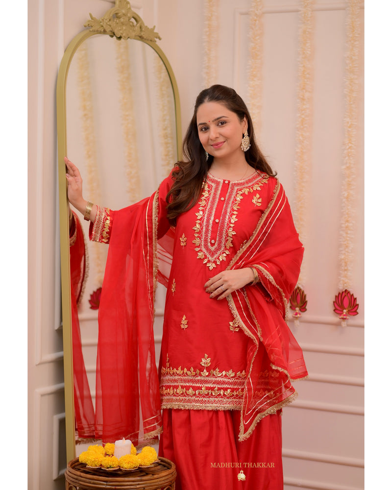 Red Gota Premium Chanderi Silk Festive Sharara Set