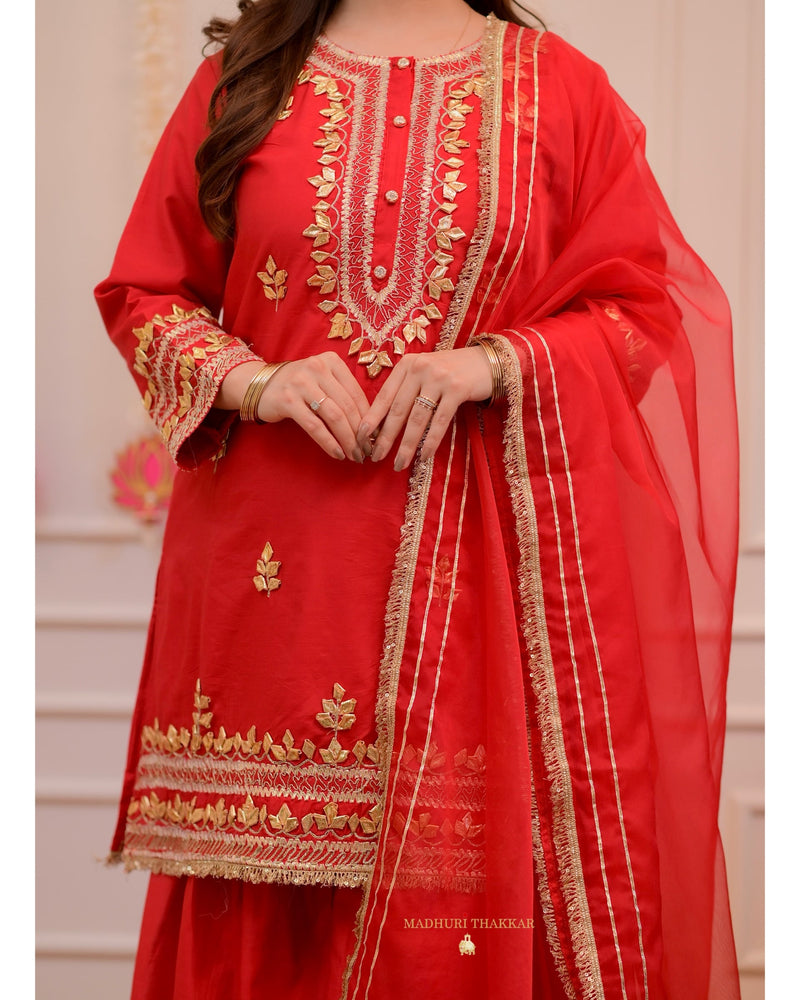 Red Gota Premium Chanderi Silk Festive Sharara Set