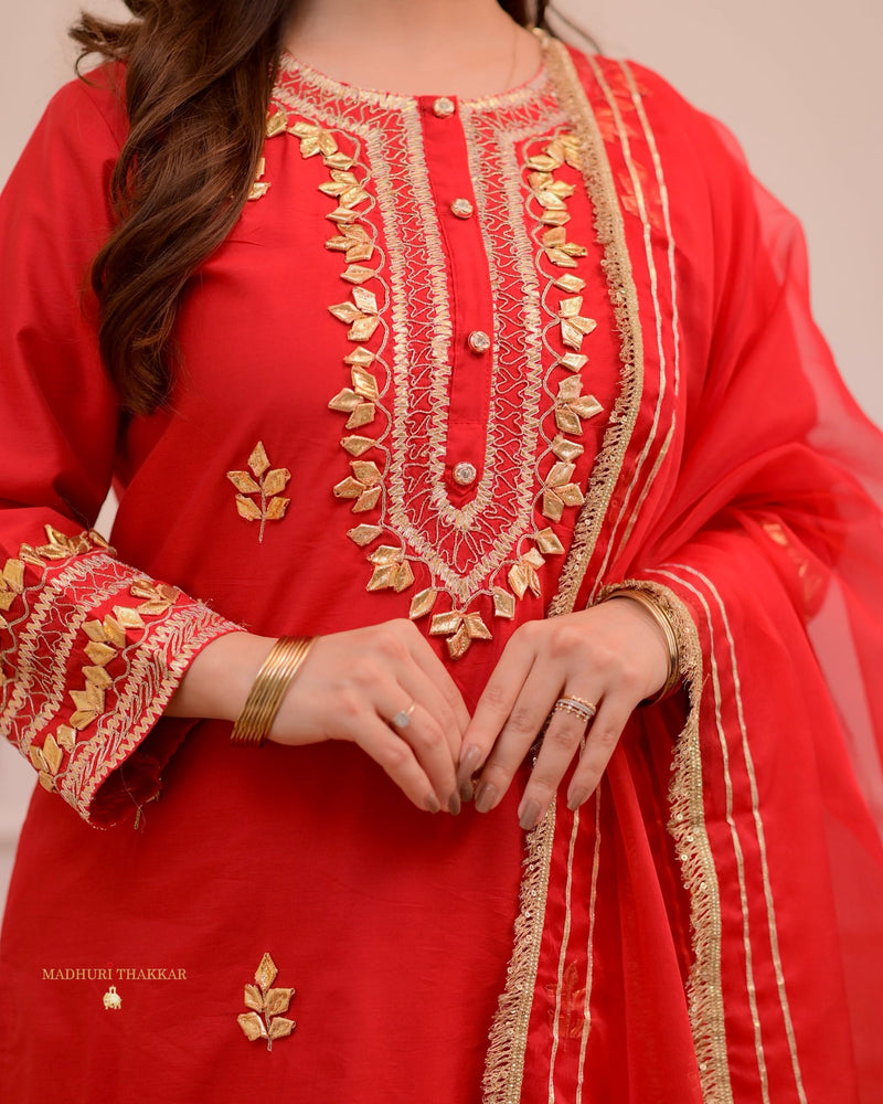 Red Gota Premium Chanderi Silk Festive Sharara Set