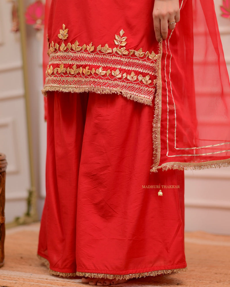 Red Gota Premium Chanderi Silk Festive Sharara Set