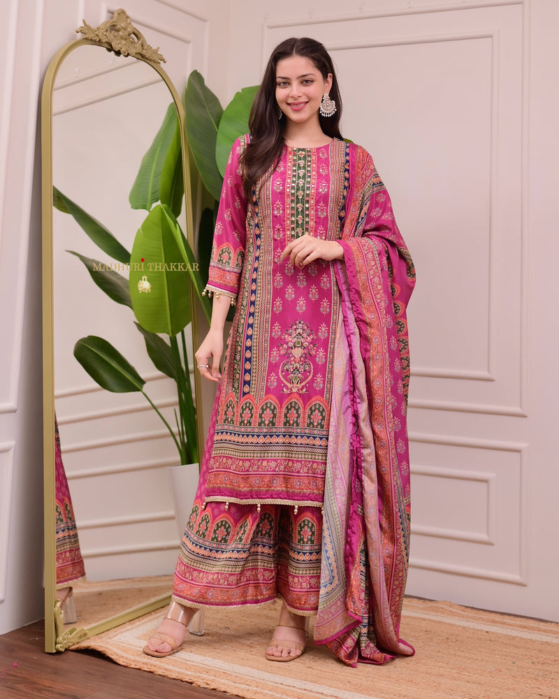 Pink Chinnon Handwork Festive Sharara Suit