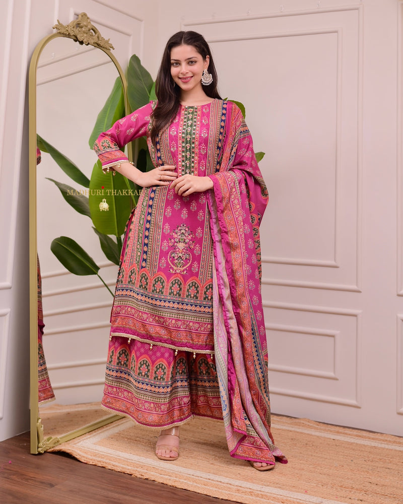 Pink Chinnon Handwork Festive Sharara Suit