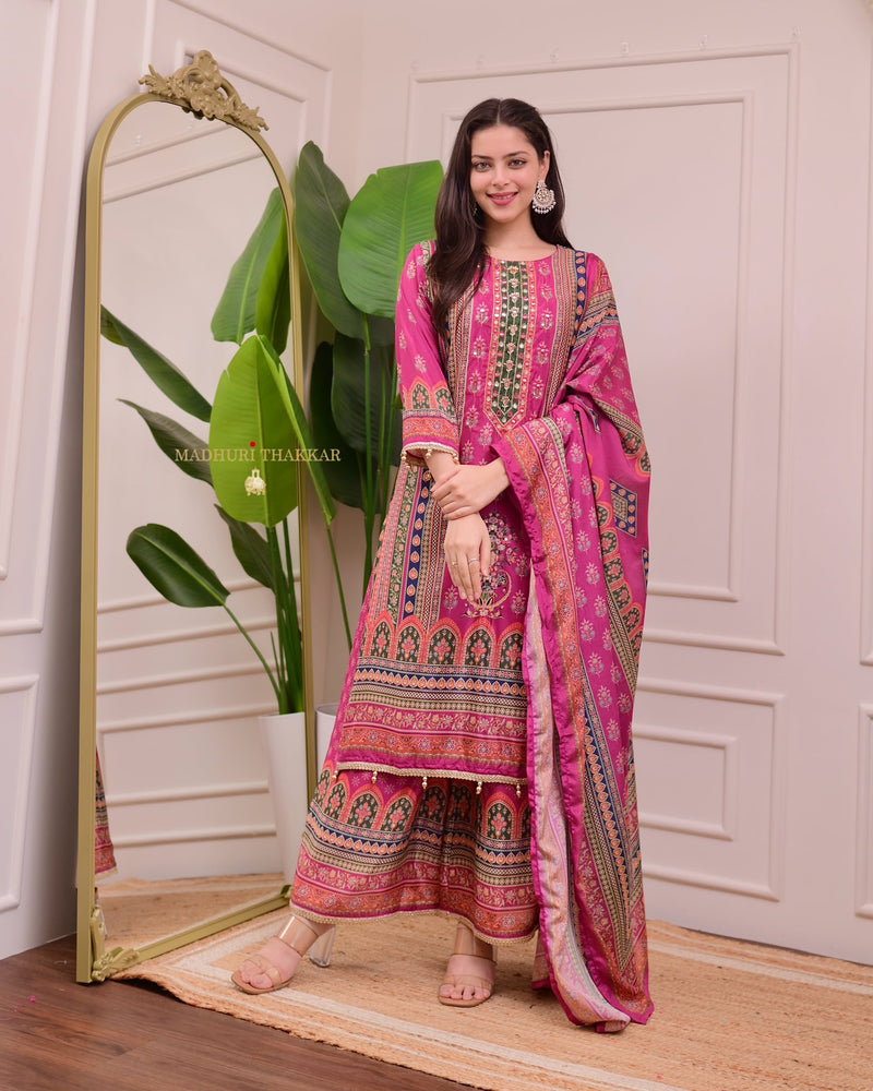 Pink Chinnon Handwork Festive Sharara Suit