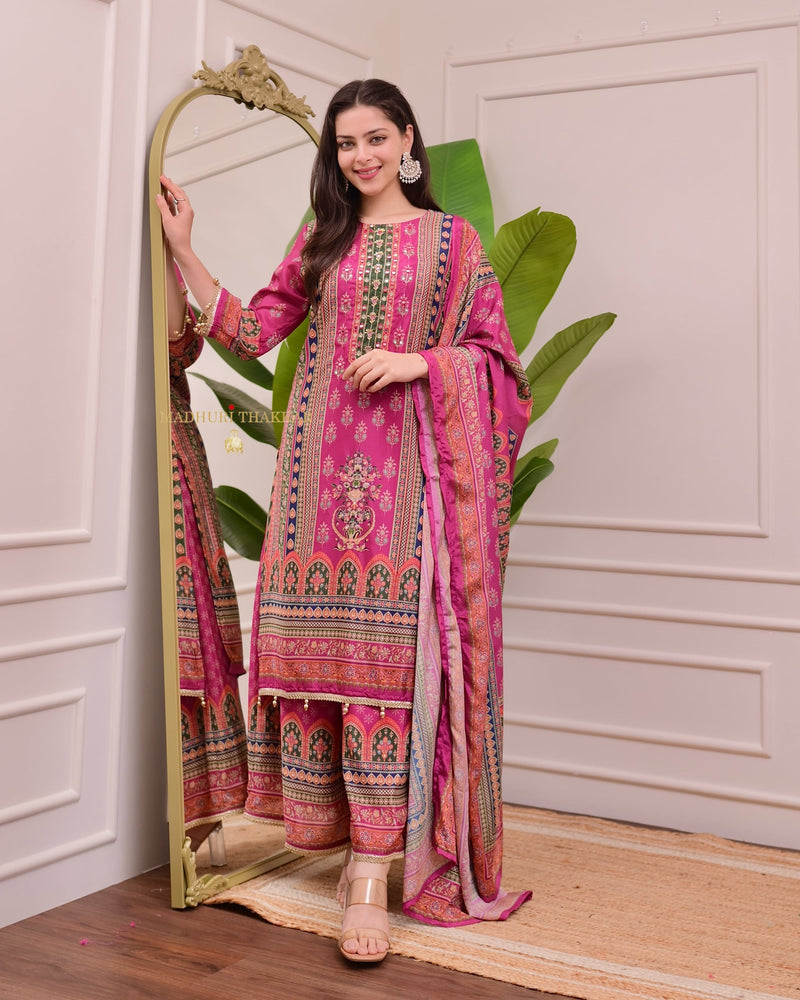 Pink Chinnon Handwork Festive Sharara Suit