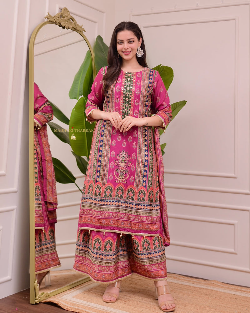 Pink Chinnon Handwork Festive Sharara Suit