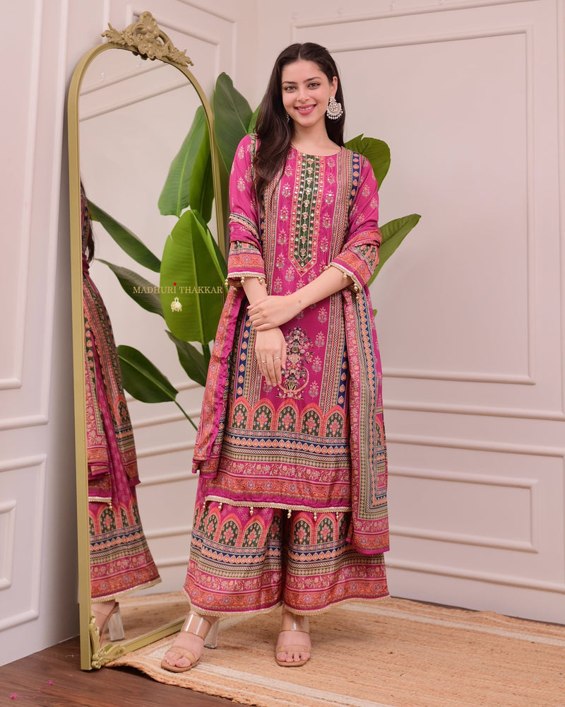 Pink Chinnon Handwork Festive Sharara Suit