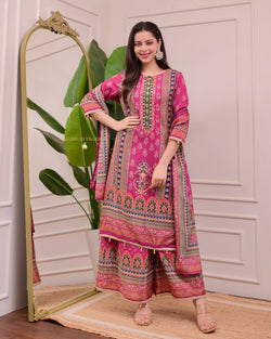 Pink Chinnon Handwork Festive Sharara Suit