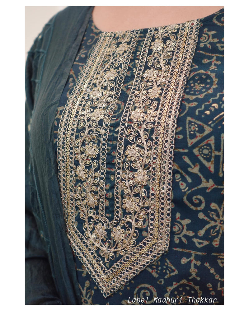 Blue Muslin Embroidered Suit