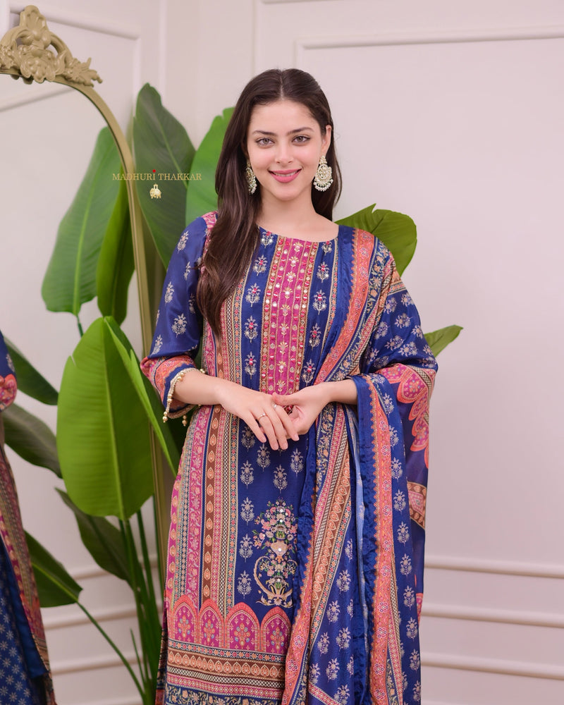 Blue Chinnon Handwork Festive Sharara Suit