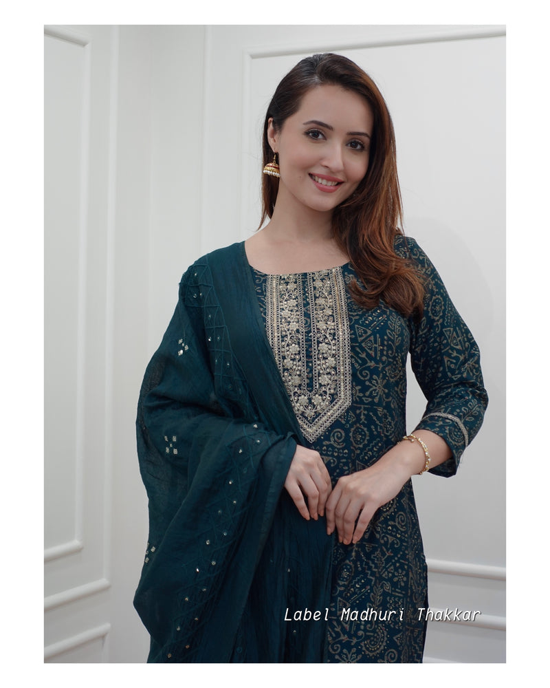 Blue Muslin Embroidered Suit