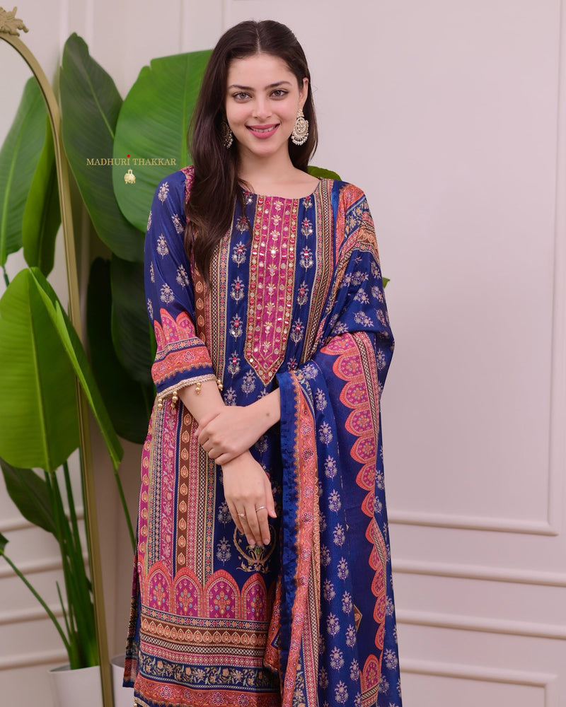 Blue Chinnon Handwork Festive Sharara Suit