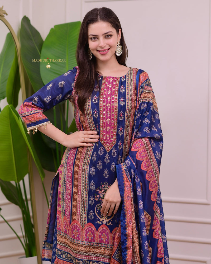 Blue Chinnon Handwork Festive Sharara Suit