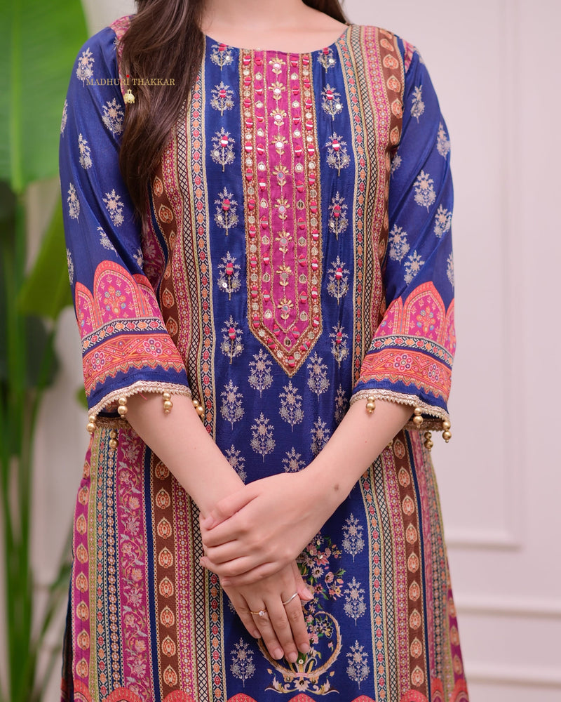 Blue Chinnon Handwork Festive Sharara Suit