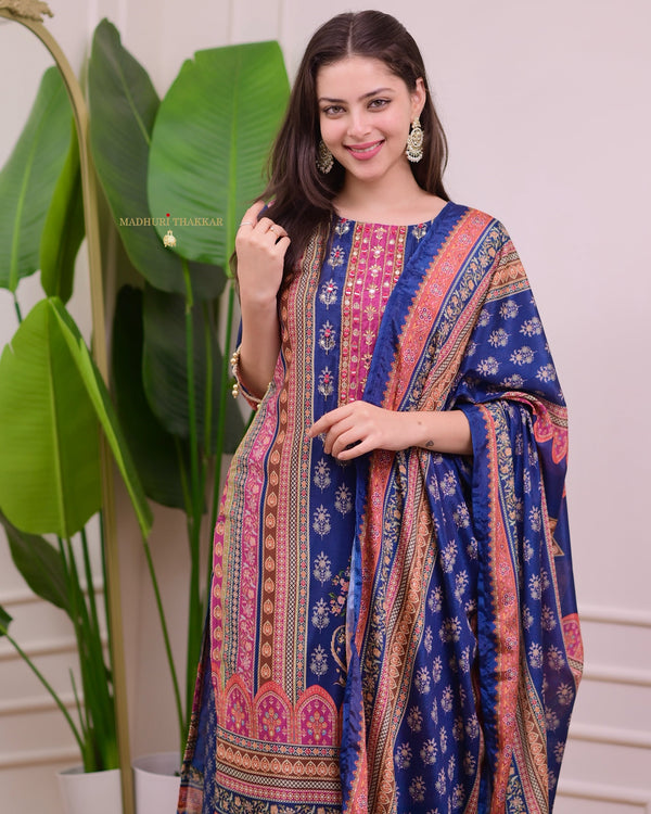 Blue Chinnon Handwork Festive Sharara Suit