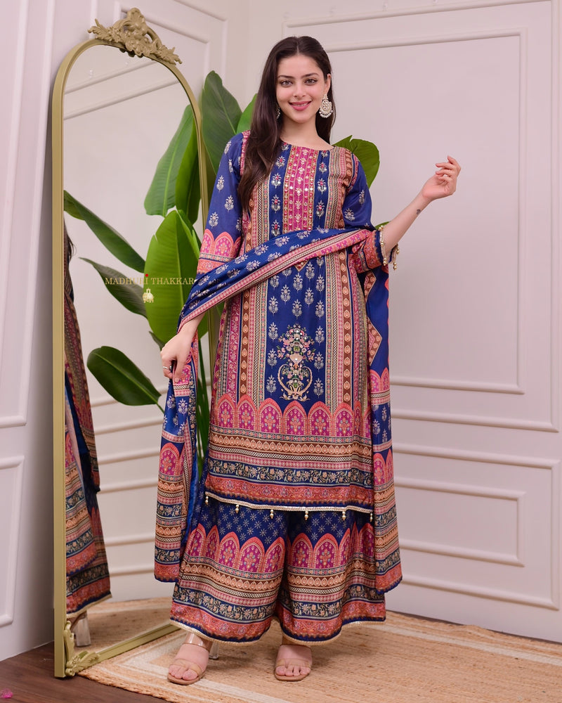 Blue Chinnon Handwork Festive Sharara Suit