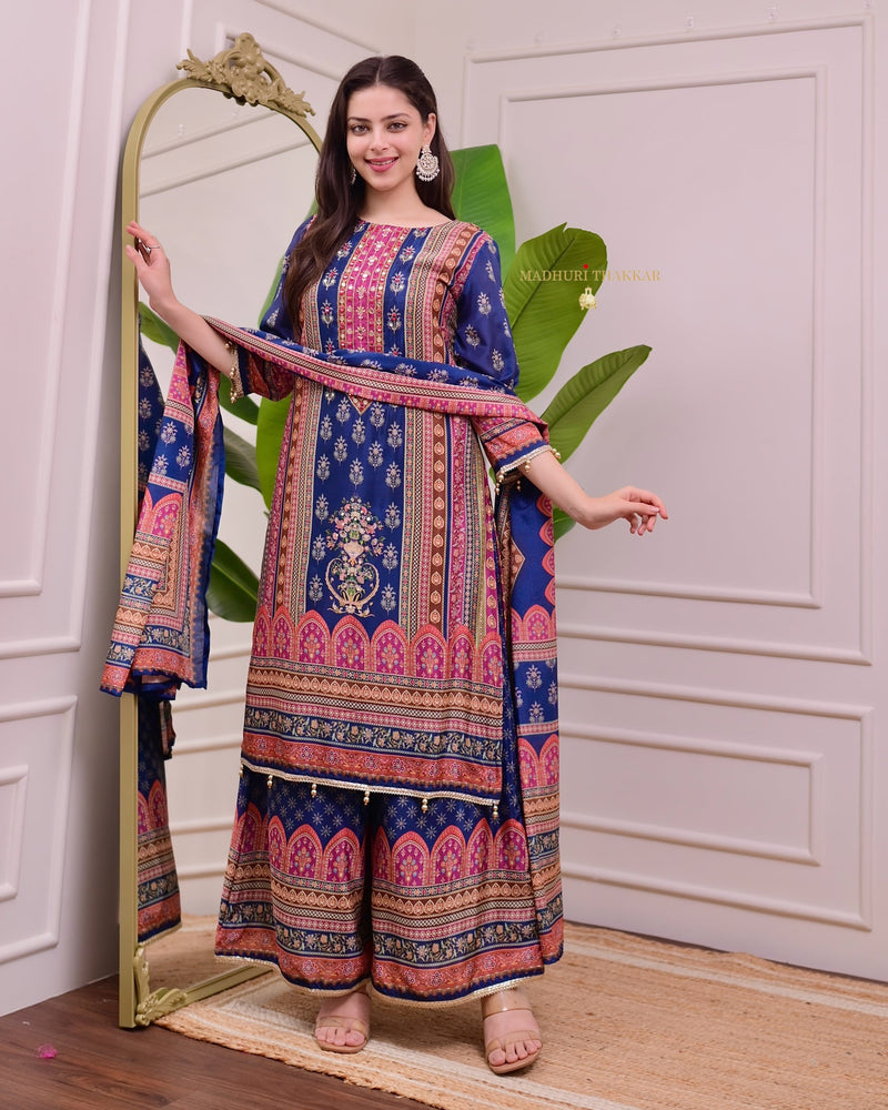 Blue Chinnon Handwork Festive Sharara Suit