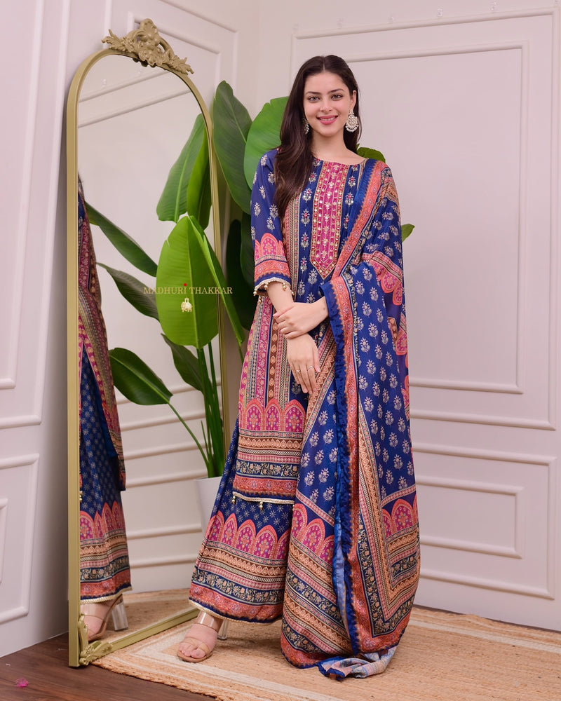 Blue Chinnon Handwork Festive Sharara Suit