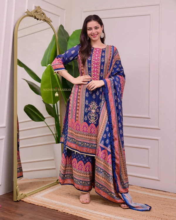 Blue Chinnon Handwork Festive Sharara Suit