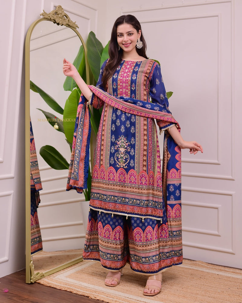 Blue Chinnon Handwork Festive Sharara Suit