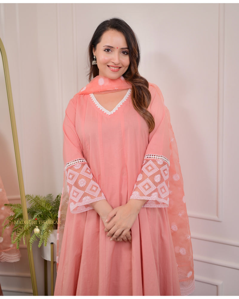 Peach Embroidered Cotton Anarkali Suit