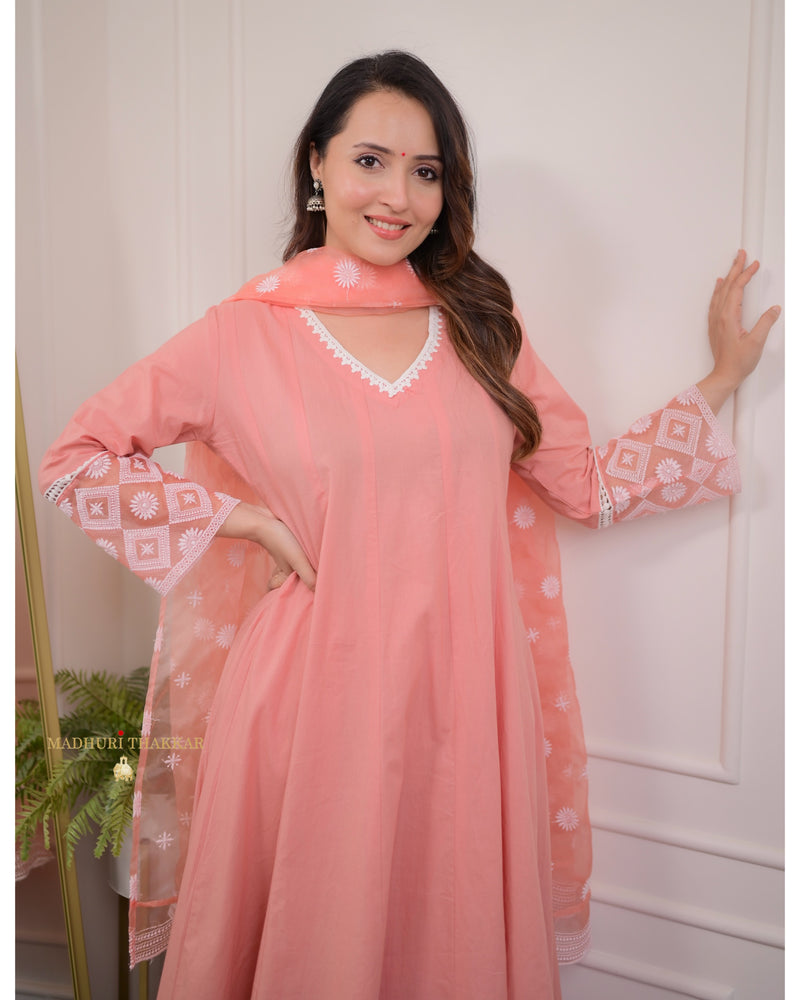 Peach Embroidered Cotton Anarkali Suit