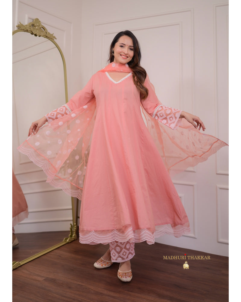 Peach Embroidered Cotton Anarkali Suit