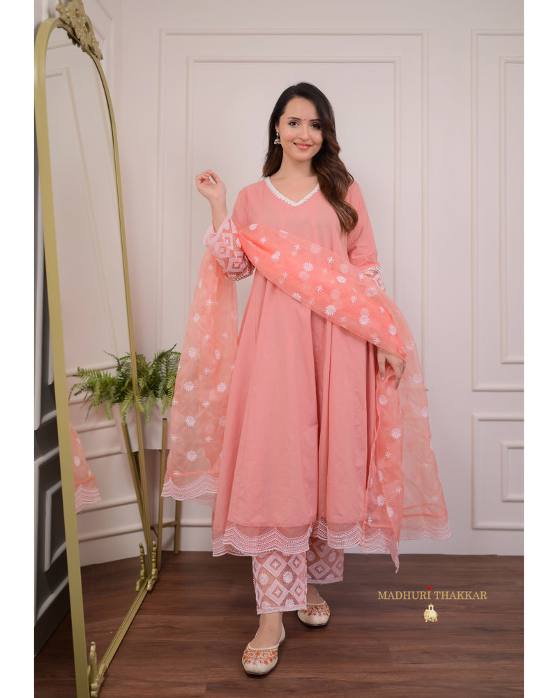 Peach Embroidered Cotton Anarkali Suit