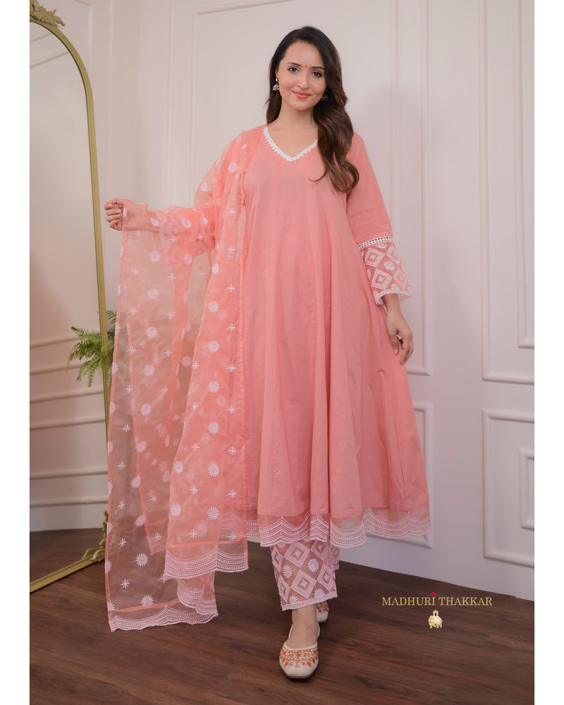 Peach Embroidered Cotton Anarkali Suit