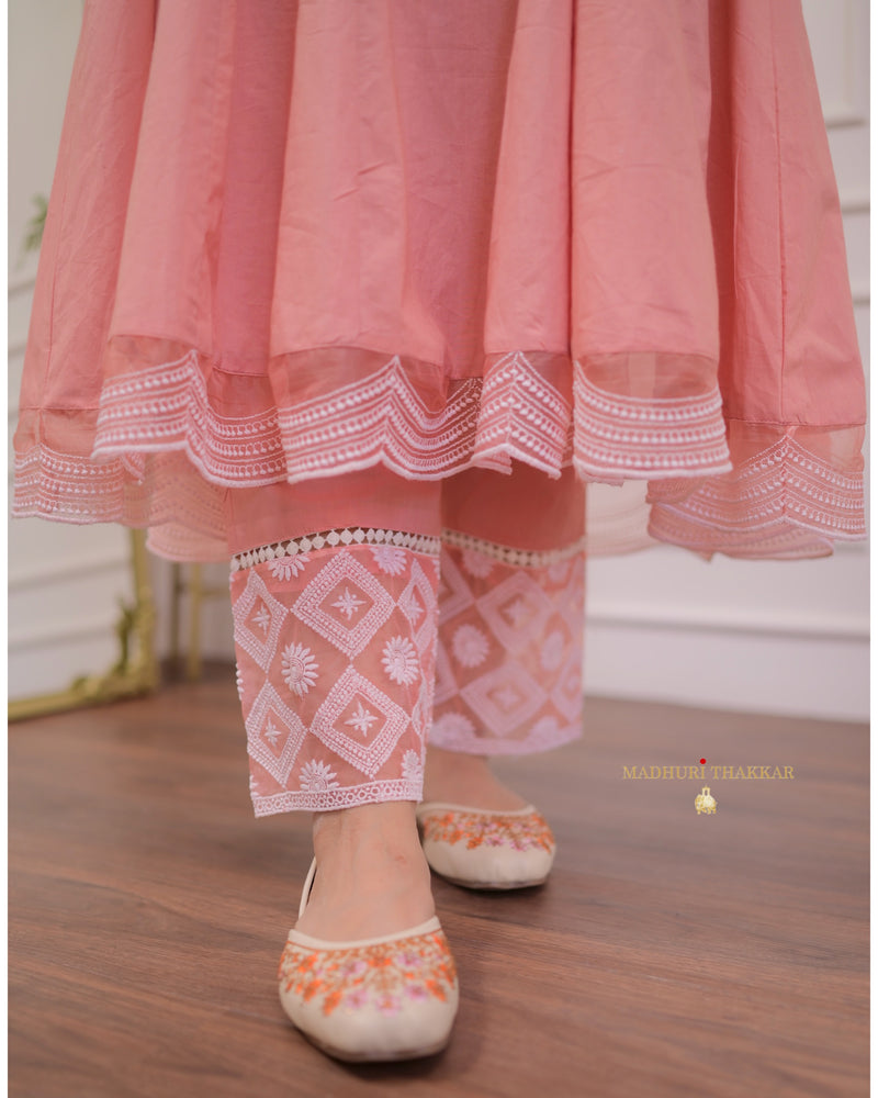 Peach Embroidered Cotton Anarkali Suit