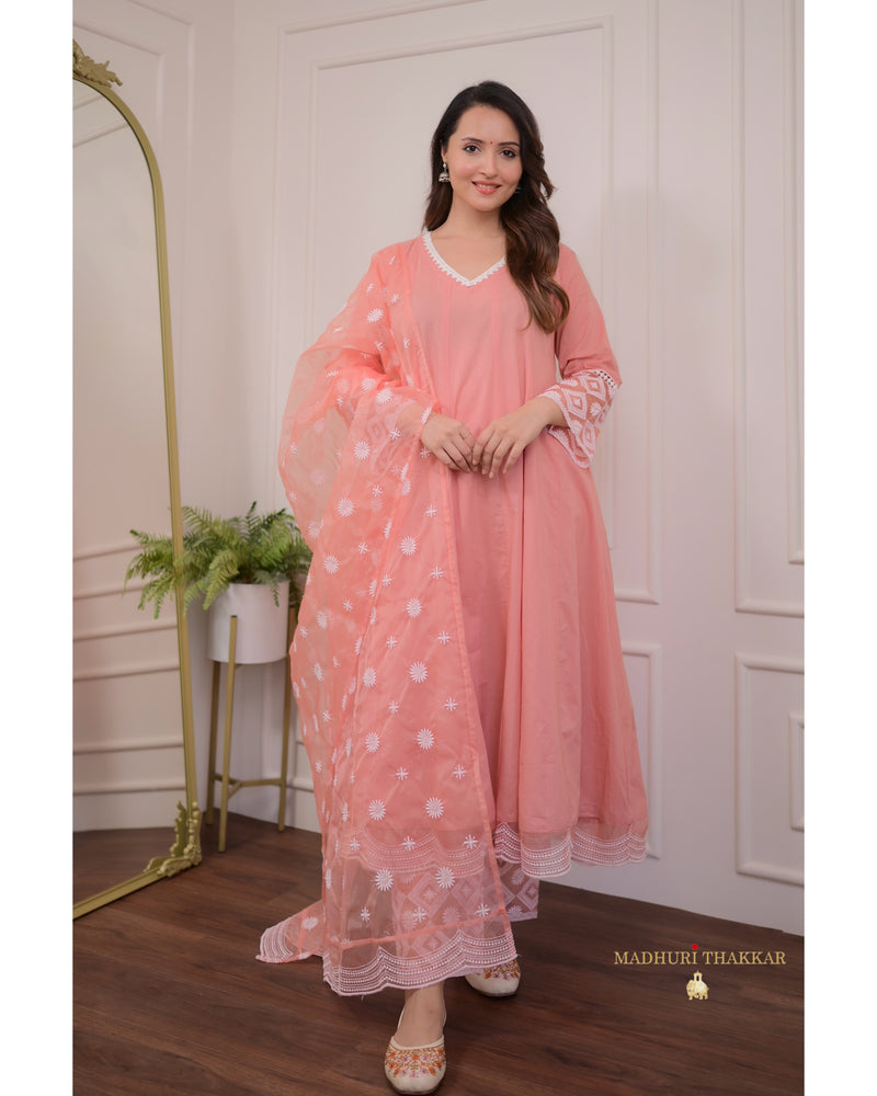 Peach Embroidered Cotton Anarkali Suit