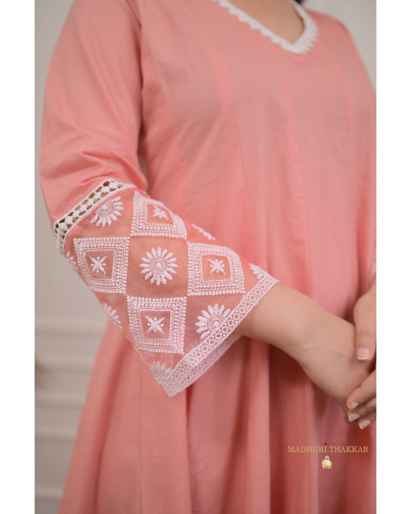 Peach Embroidered Cotton Anarkali Suit