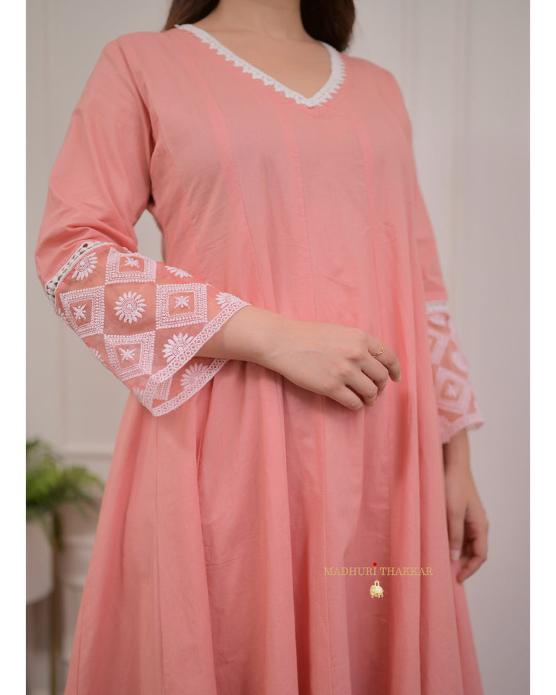 Peach Embroidered Cotton Anarkali Suit