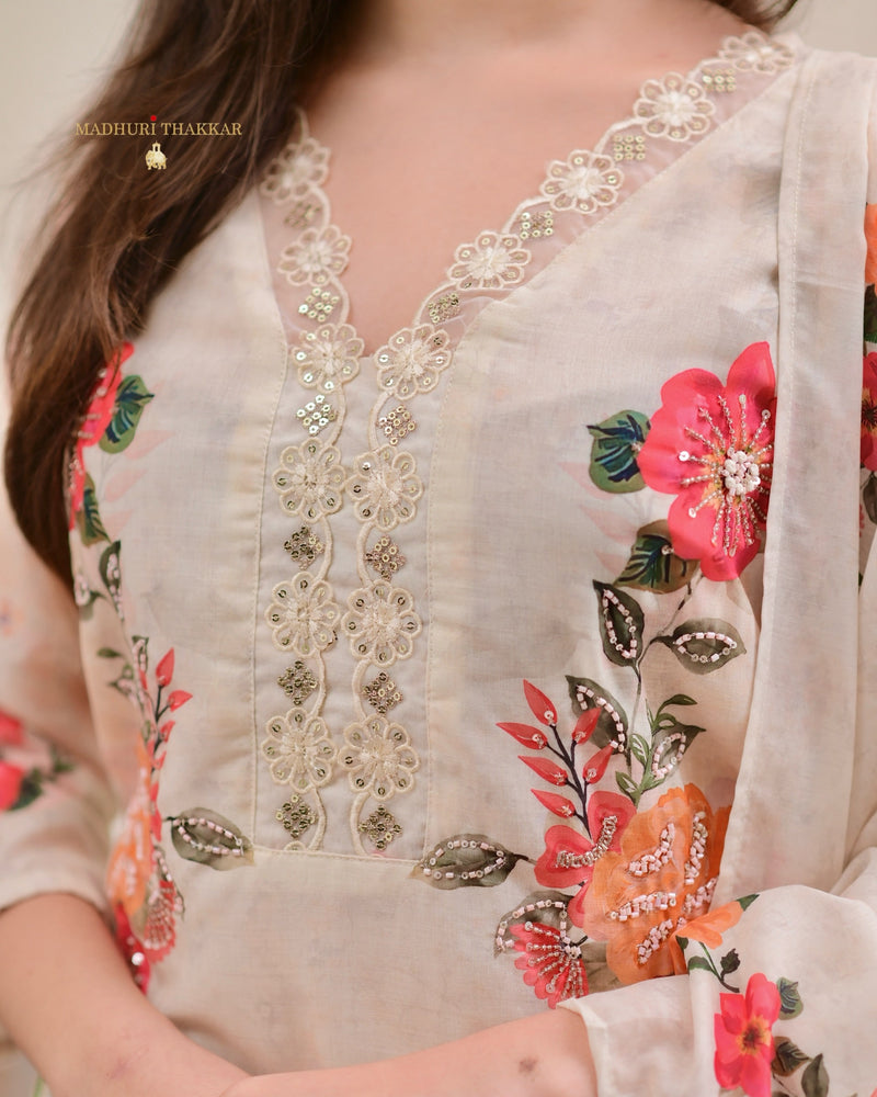 Ivory Chanderi Floral Cotton Handwork Suit