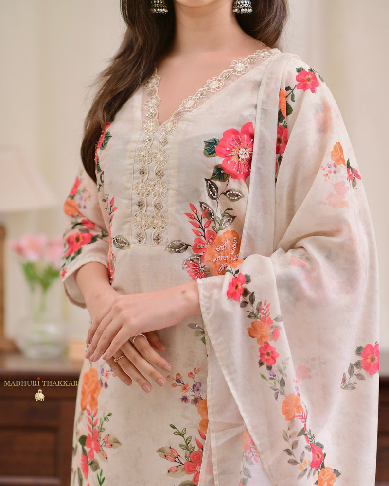 Ivory Chanderi Floral Cotton Handwork Suit