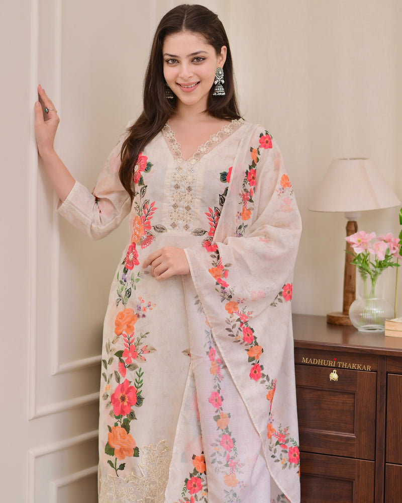 Ivory Chanderi Floral Cotton Handwork Suit