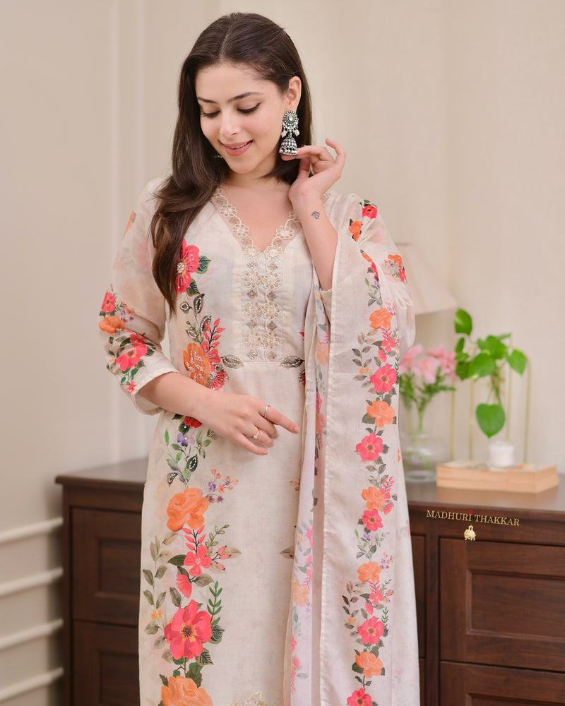 Ivory Chanderi Floral Cotton Handwork Suit