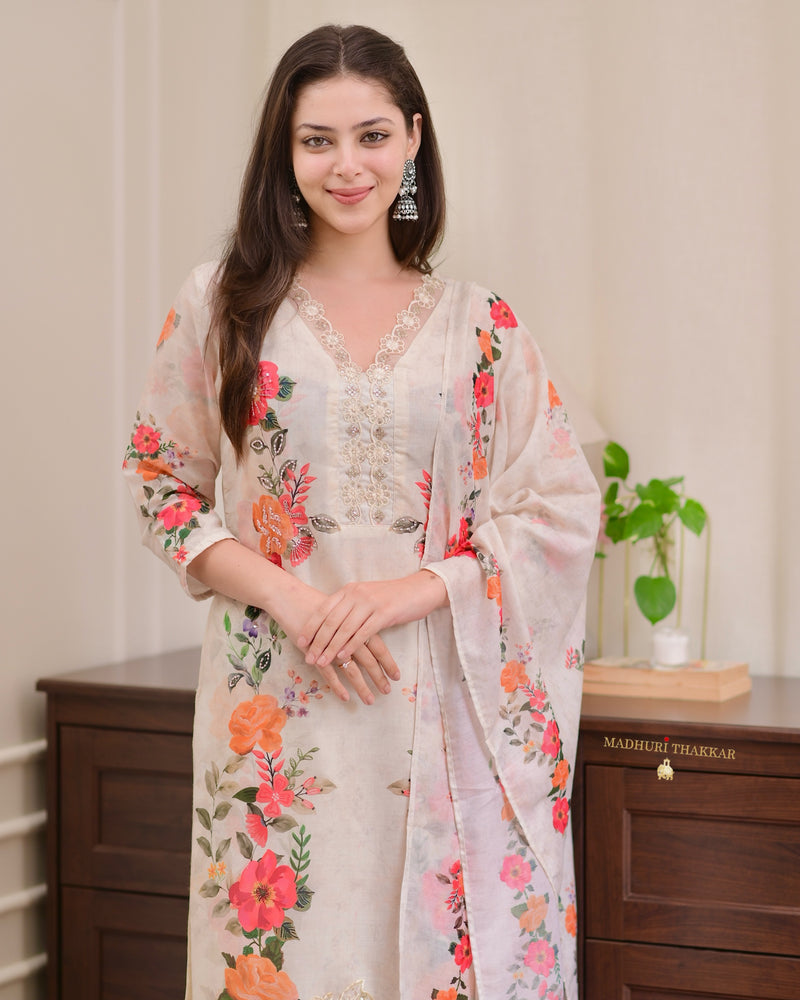 Ivory Chanderi Floral Cotton Handwork Suit