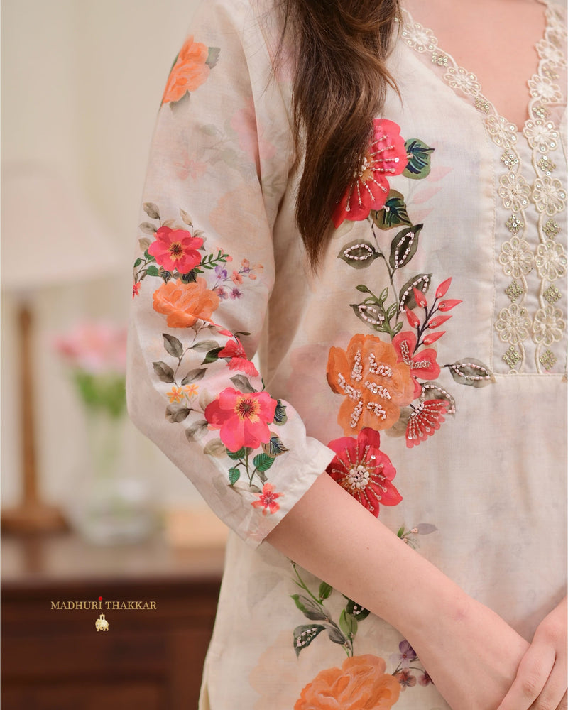 Ivory Chanderi Floral Cotton Handwork Suit