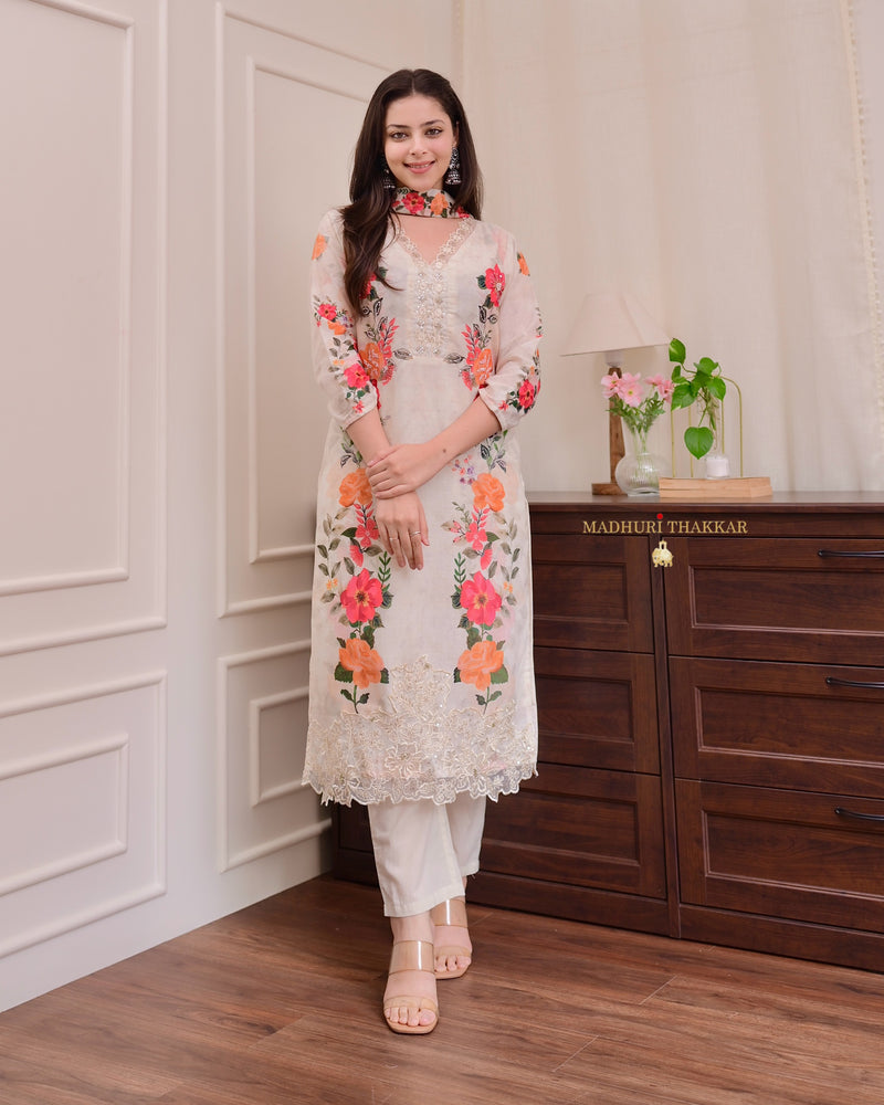 Ivory Chanderi Floral Cotton Handwork Suit