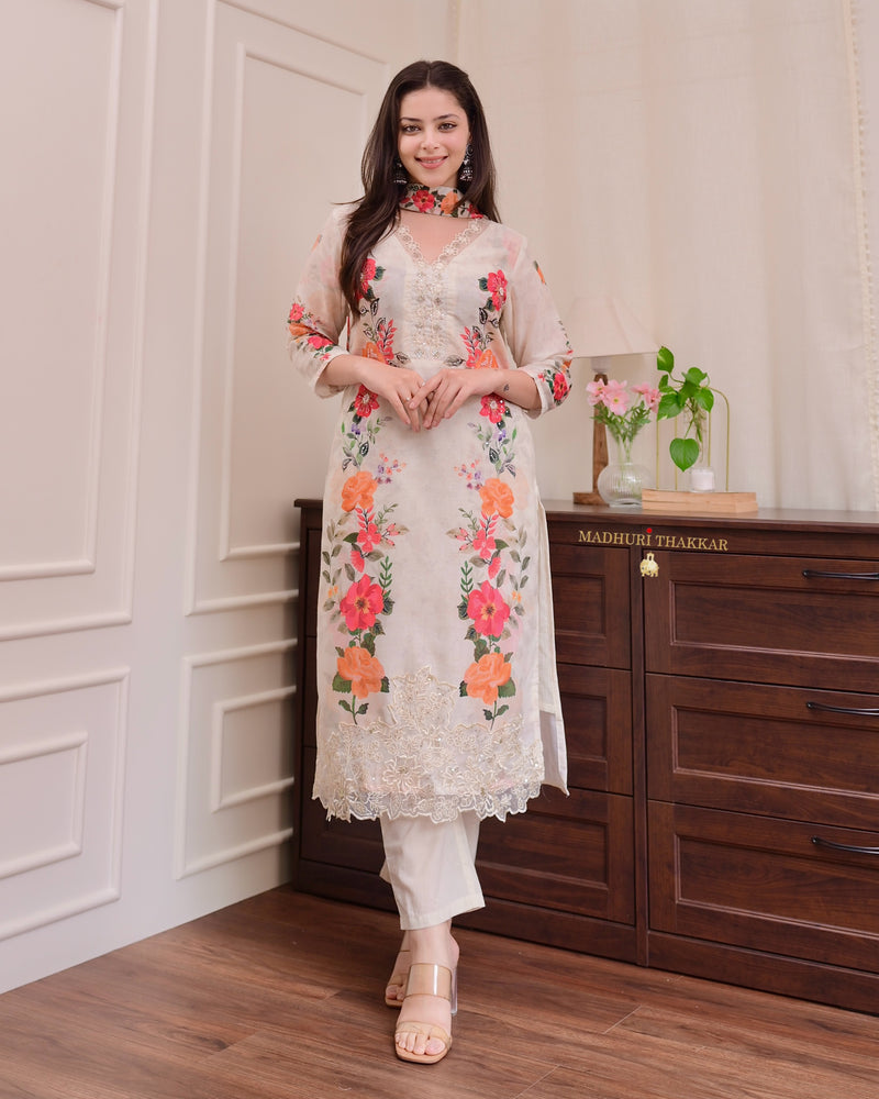 Ivory Chanderi Floral Cotton Handwork Suit