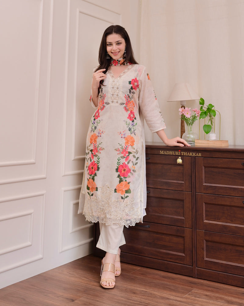 Ivory Chanderi Floral Cotton Handwork Suit