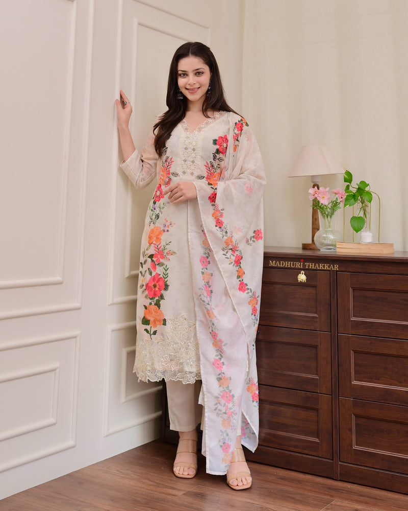 Ivory Chanderi Floral Cotton Handwork Suit