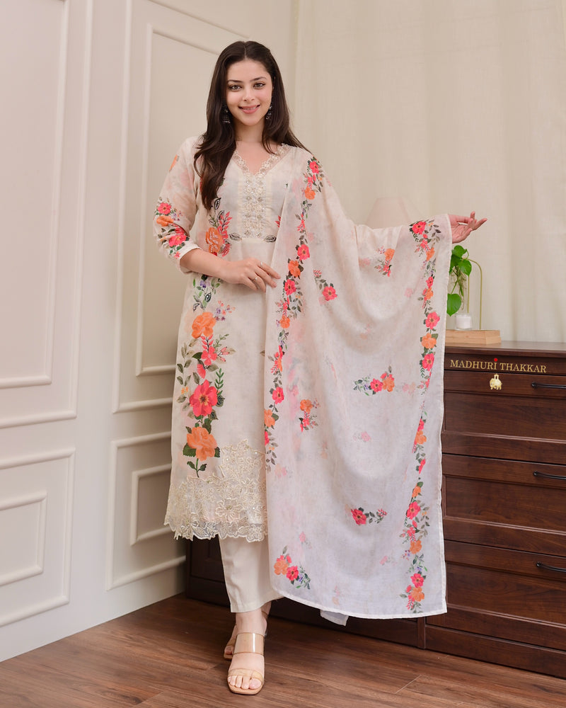 Ivory Chanderi Floral Cotton Handwork Suit