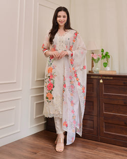 Ivory Chanderi Floral Cotton Handwork Suit